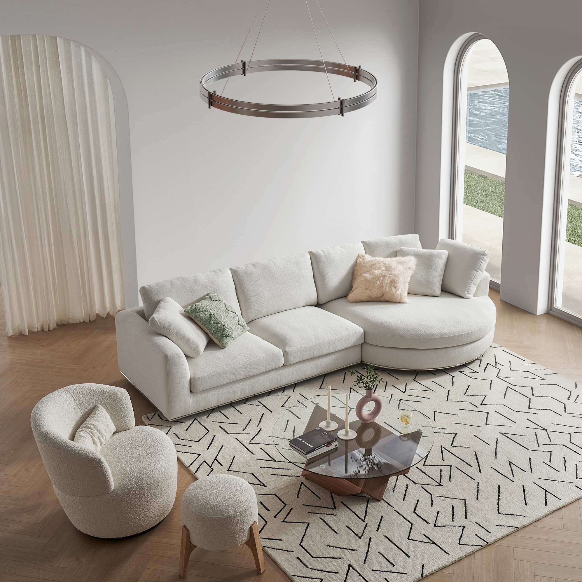 Sectional Sofa with Rounded Chaise in Brilliant White
