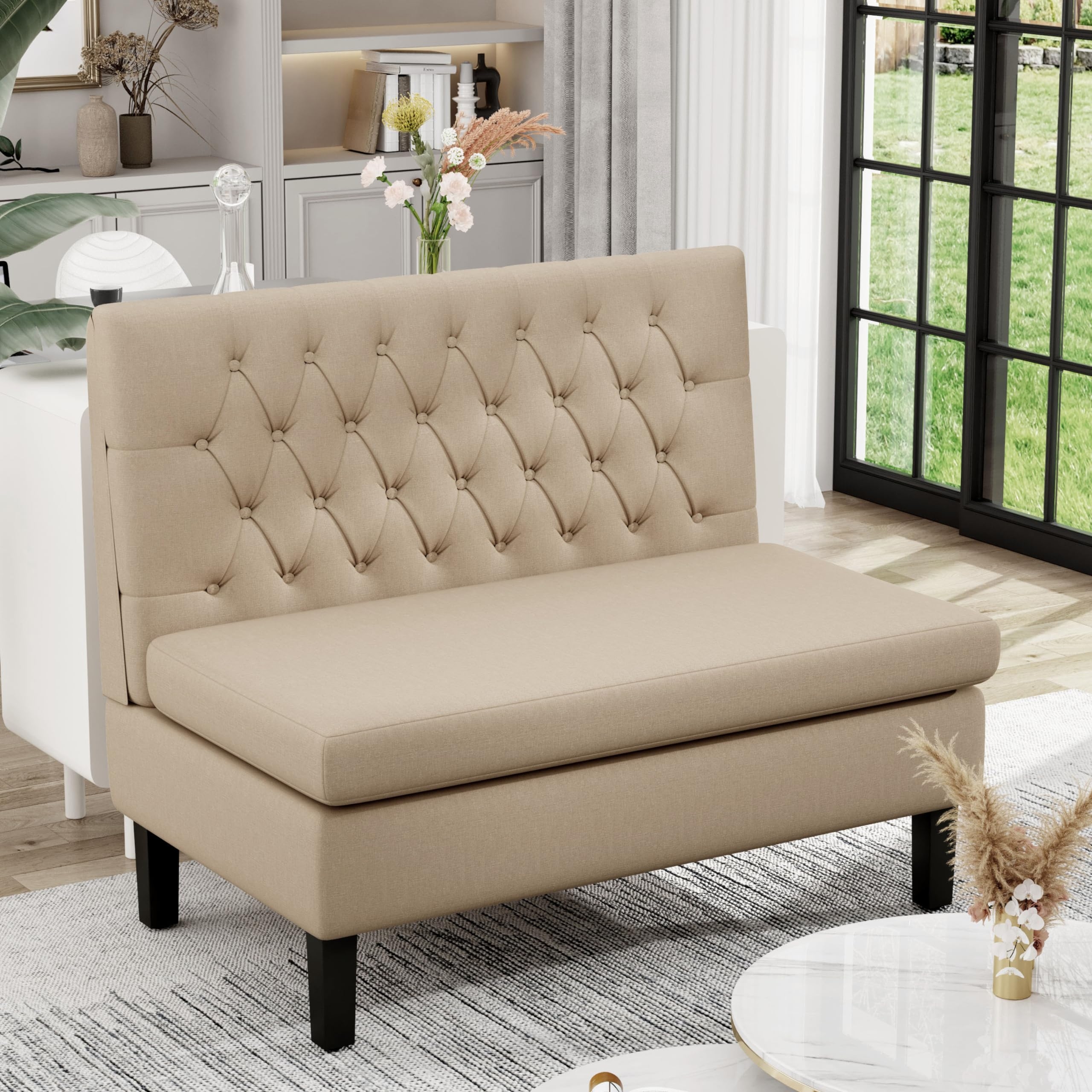 Settee Khaki Linen Armless Design Button Tufted Backrest