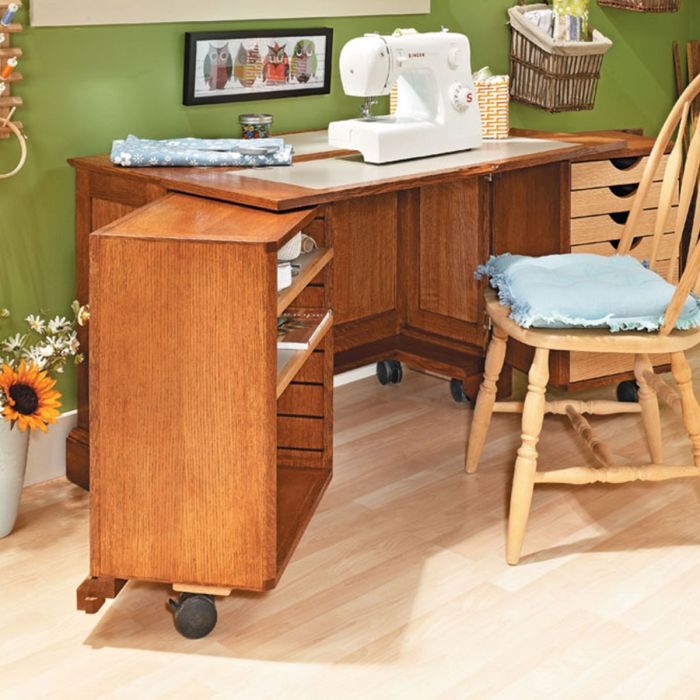 Sewing Cabinet Expandable Worktop Swing Out Door Honey Brown Station