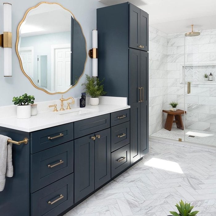 Shaker Style Vanity: Styled with Scalloped Gold Mirror and Herringbone