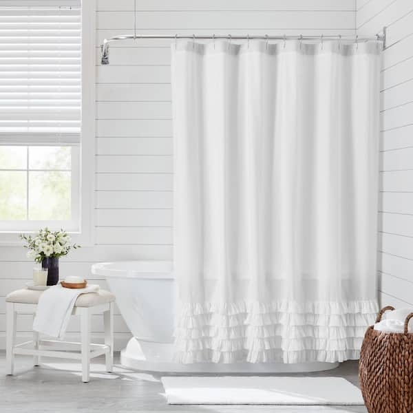Shower Curtain Bright White Fabric Texture Tiered Hem