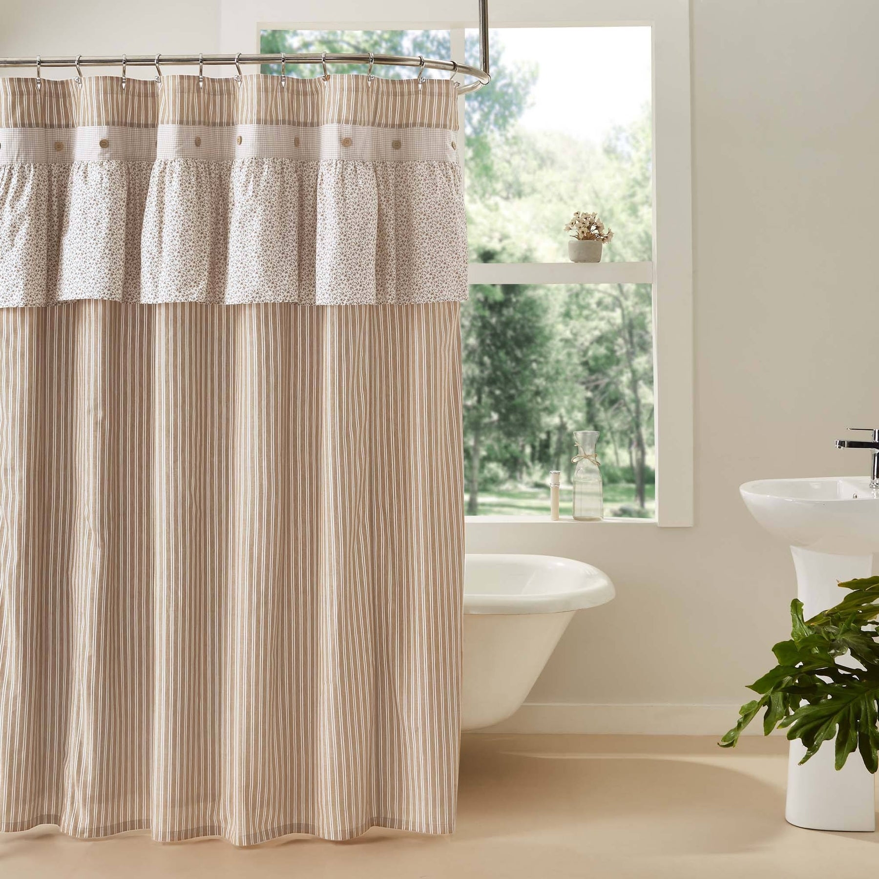 Shower Curtain Button Accent Tan Striped Floral Tiers
