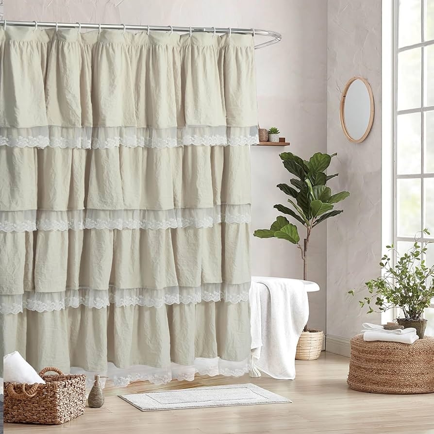 Shower Curtain Camel Scalloped Lace Trim Microfiber