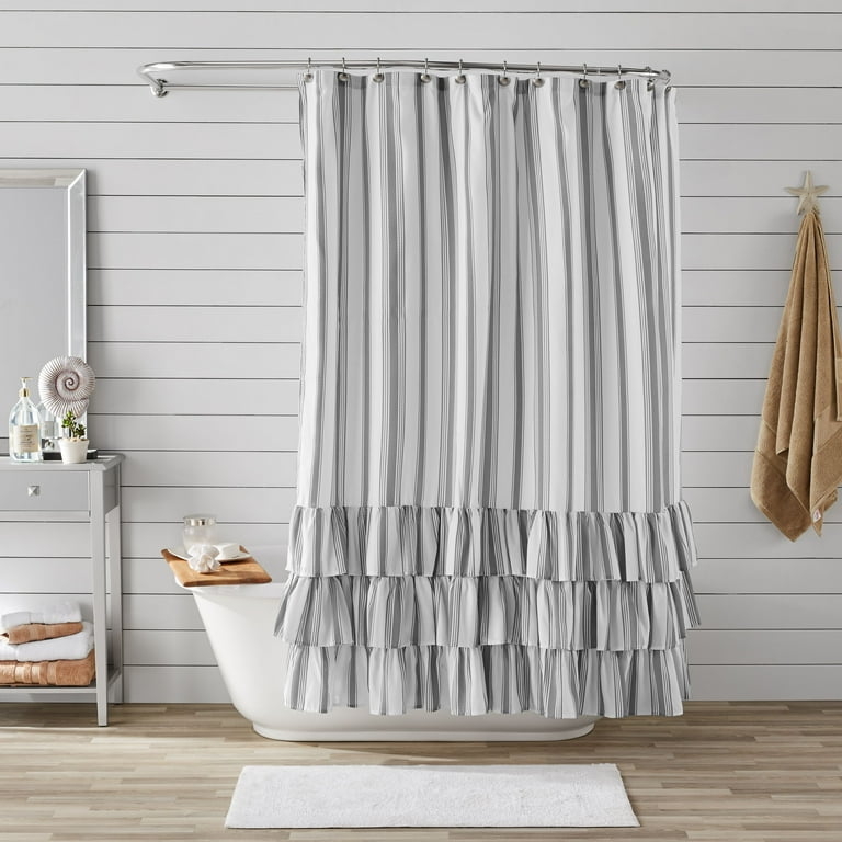 Shower Curtain Charcoal White Vertical Striped Ruffles