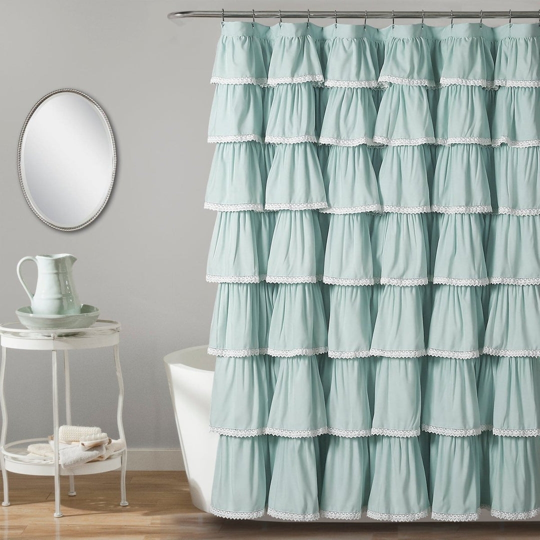 Shower Curtain Lace Ruffle Trim Pale Aqua Tiered Decor