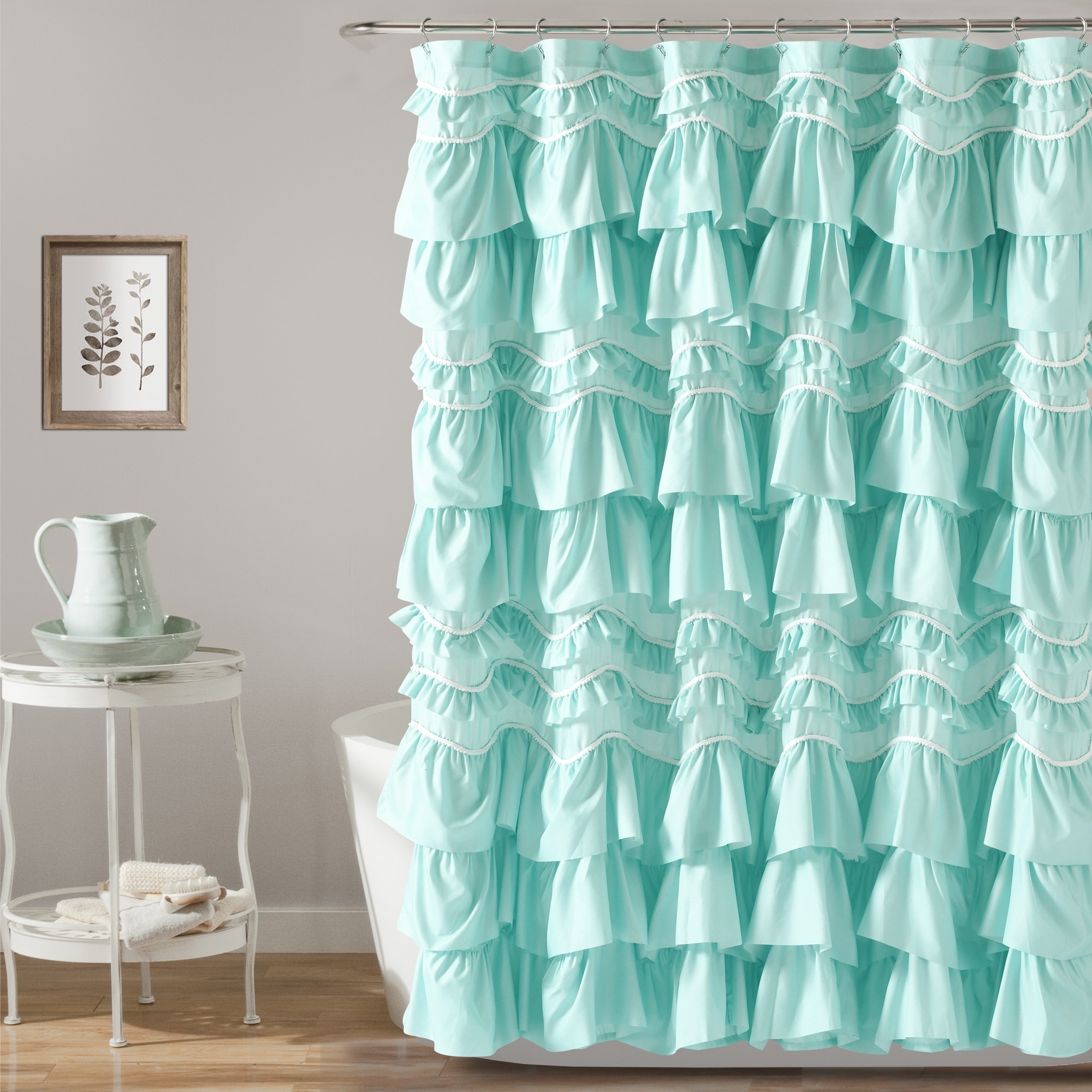Shower Curtain Mint Green Scalloped Trim Ruffled Tiers