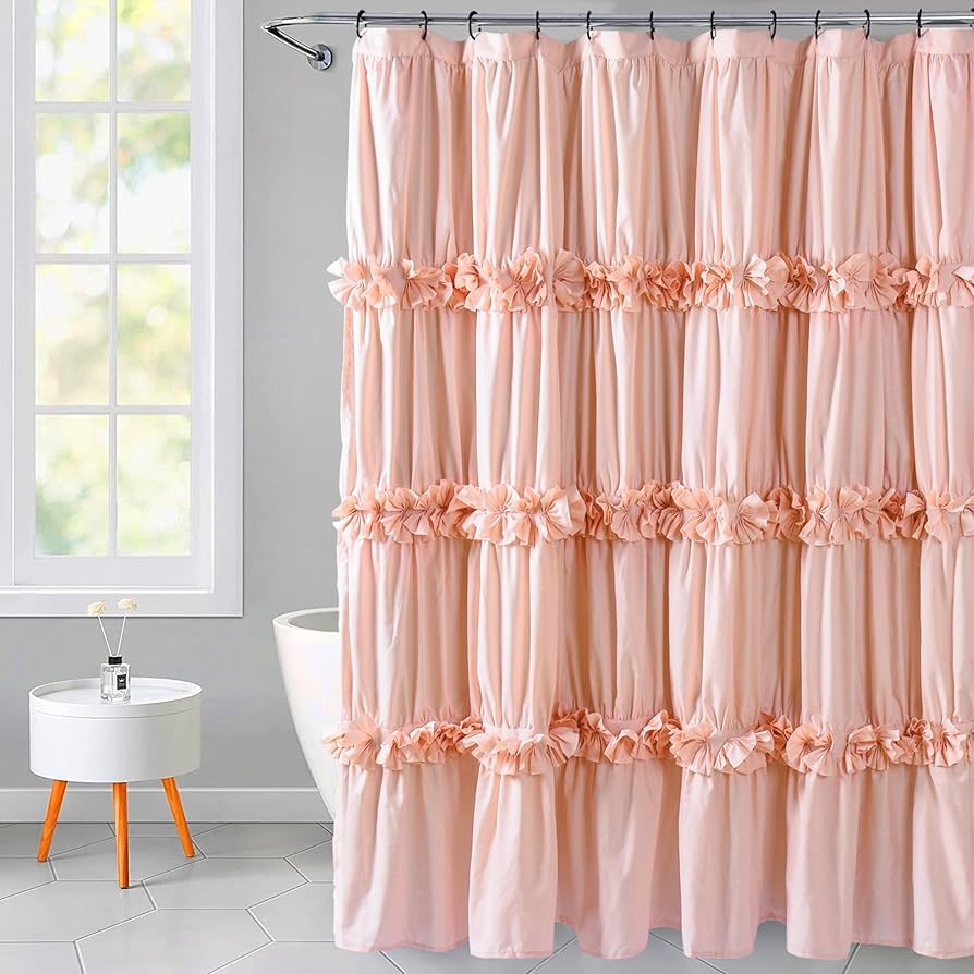 Shower Curtain Peach Microfiber Ruched Bow Tie Tiers