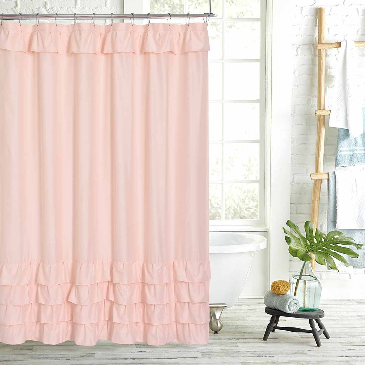 Shower Curtain Pink Ruffle Header Triple Tiered Hem