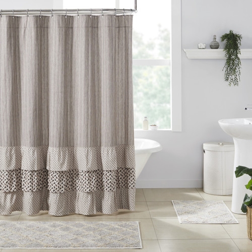 Shower Curtain Pinstripe Pattern Three Tiered Ruffles