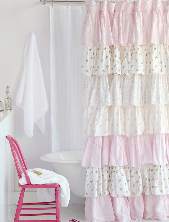 Shower Curtain Ruffled Floral Pink Multi Patterned