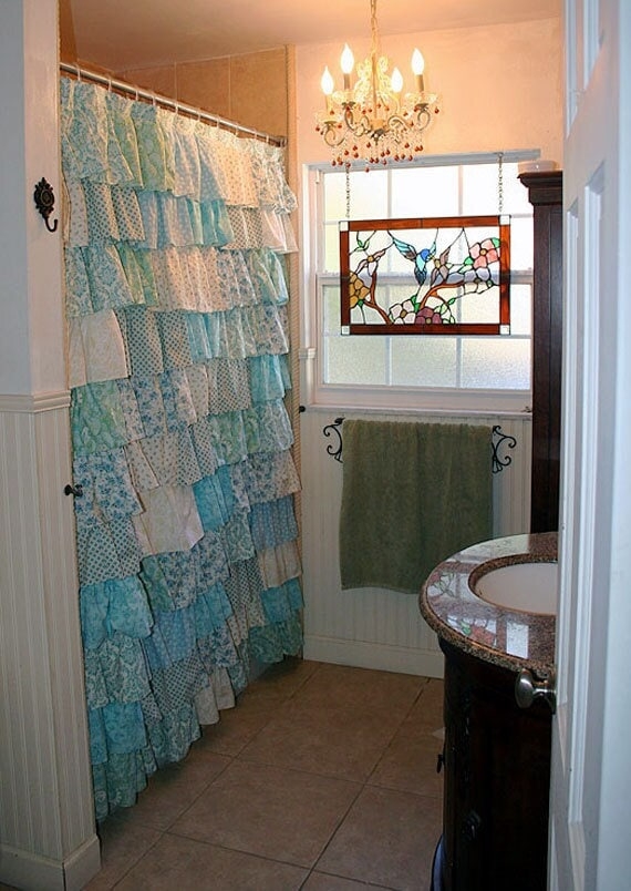 Shower Curtain Ruffled Patchwork Pattern Blue Floral