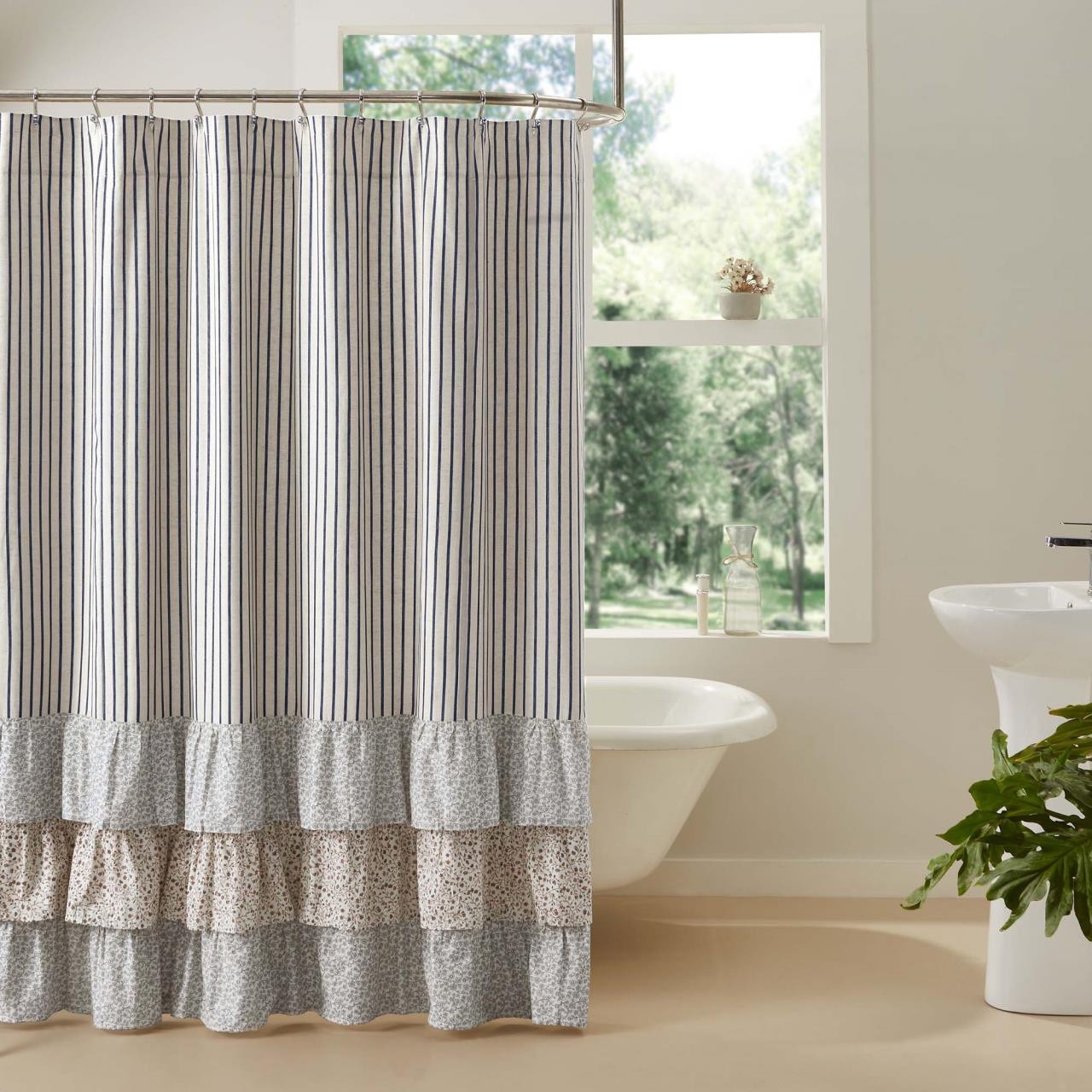 Shower Curtain Ruffled Ticking Stripe Navy Vertical