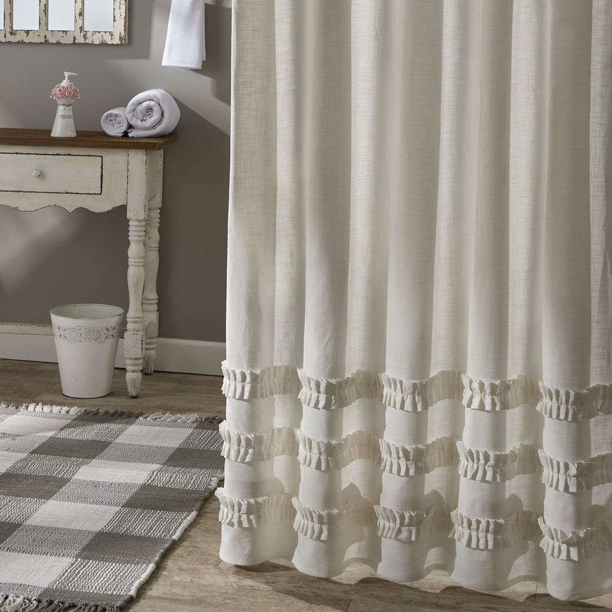 Shower Curtain Triple Ruffle Hem Linen Textured Design