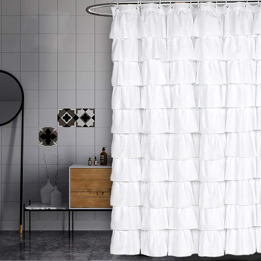 Shower Curtain White Ruffled Multi Layer Fabric Decor