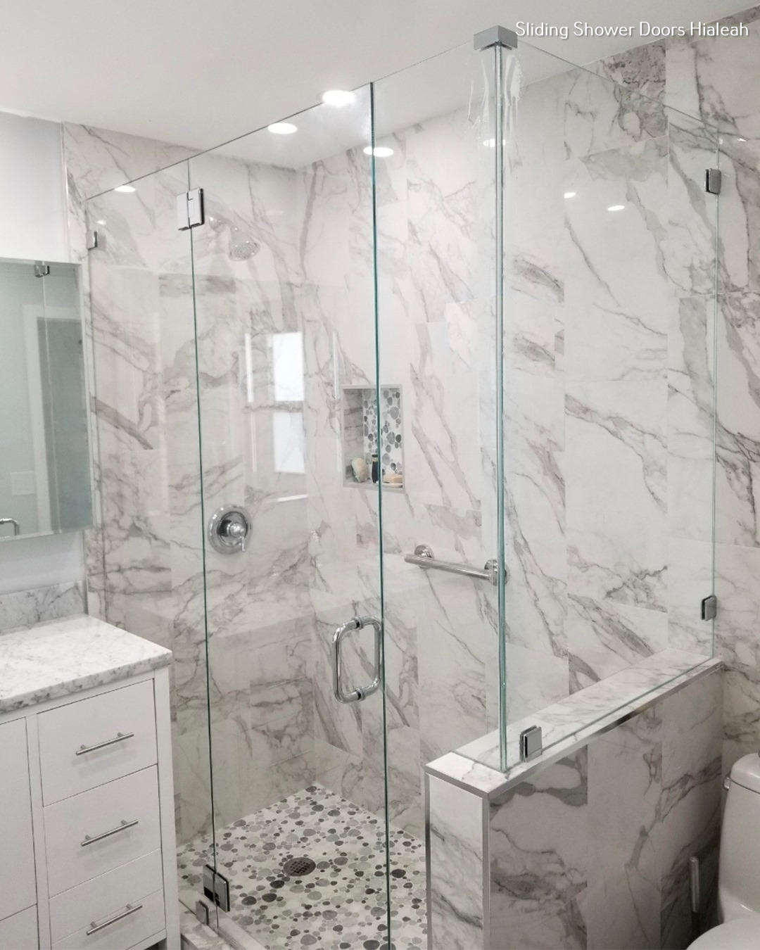 Shower Enclosure with Half Wall Mount and Marble Look Tile