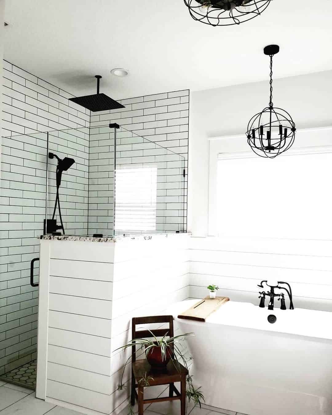 Shower Enclosure with Matte Black Fixtures and Shiplap Accents