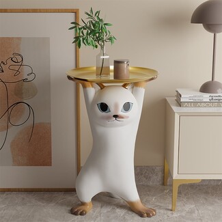 Side Table Cat Figurine Base Modern Feline Sculpture Table