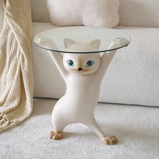 Side Table Glass Top Sculptural Feline Decor Novelty Base