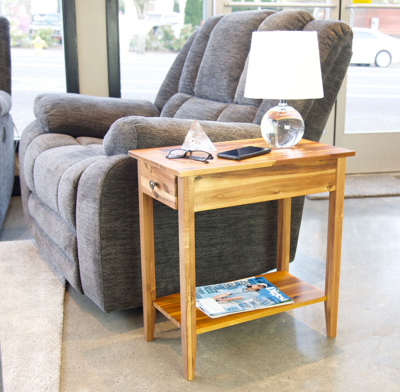 Side Table in Acacia Wood with Tapered Legs and Drawer