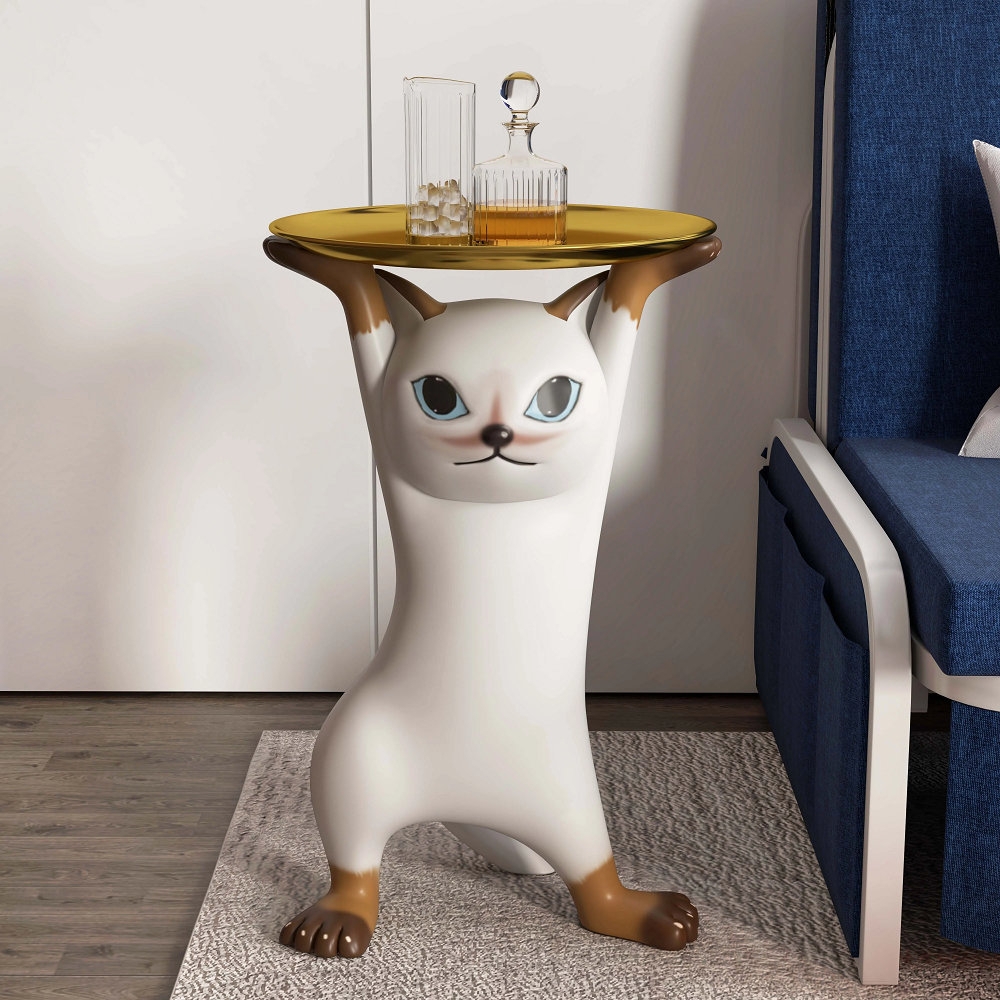Side Table Metallic Gold Tray Animal End Table Resin Cat