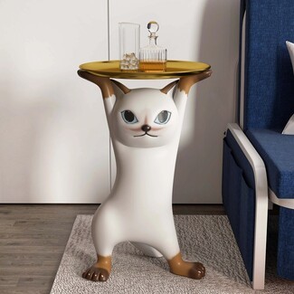 Side Table Metallic Gold Tray Animal End Table Resin Cat