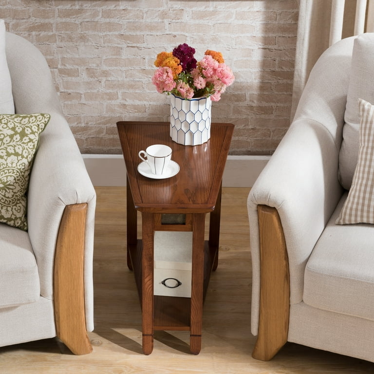 Side Table Wedge Shape in Rustic Oak with Lower Shelf