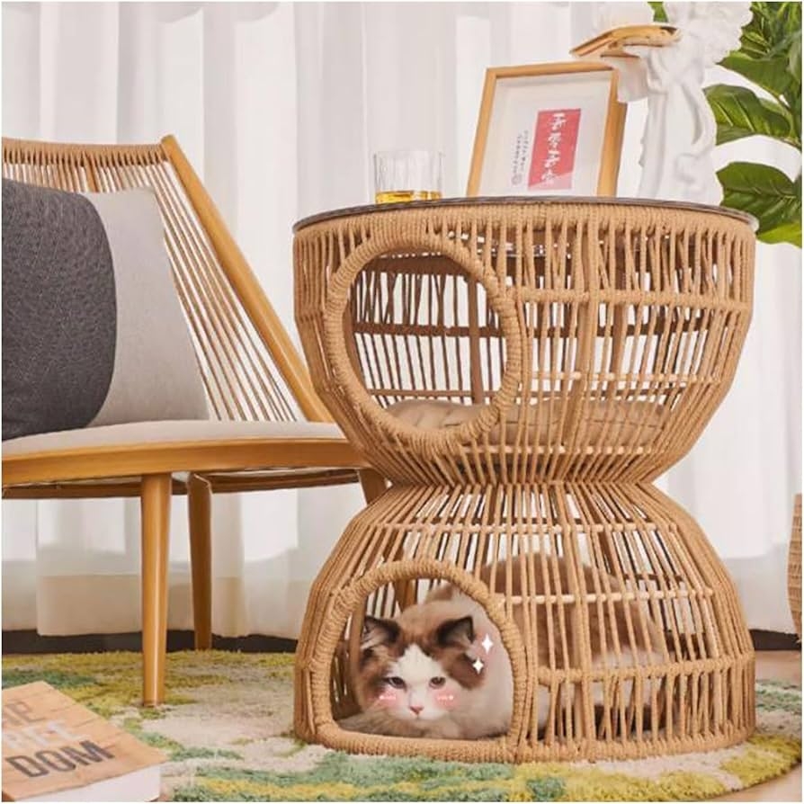 Side Table Woven Hourglass Boho Cat Cave Nightstand