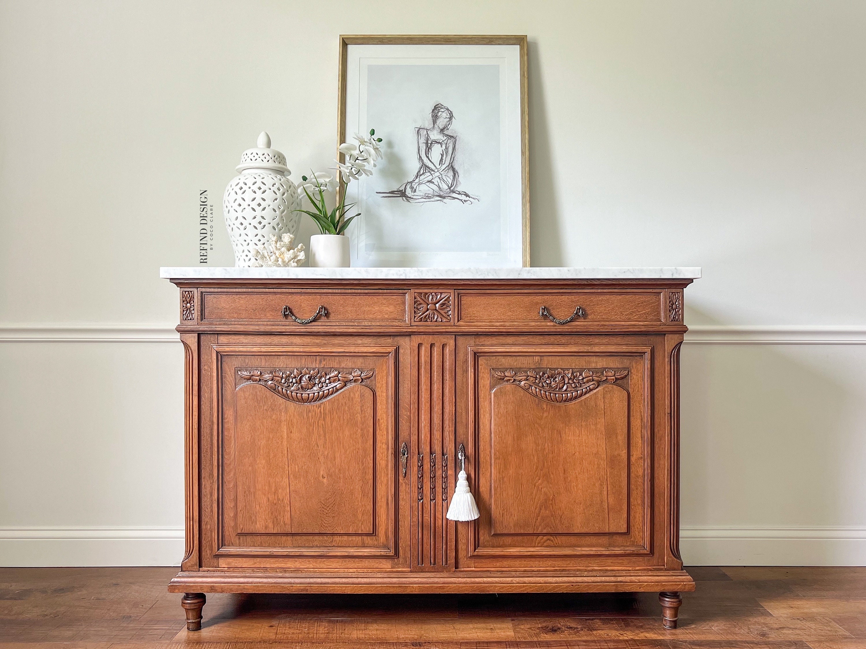 Sideboard Antique Marble Top Buffet with Carved Feet