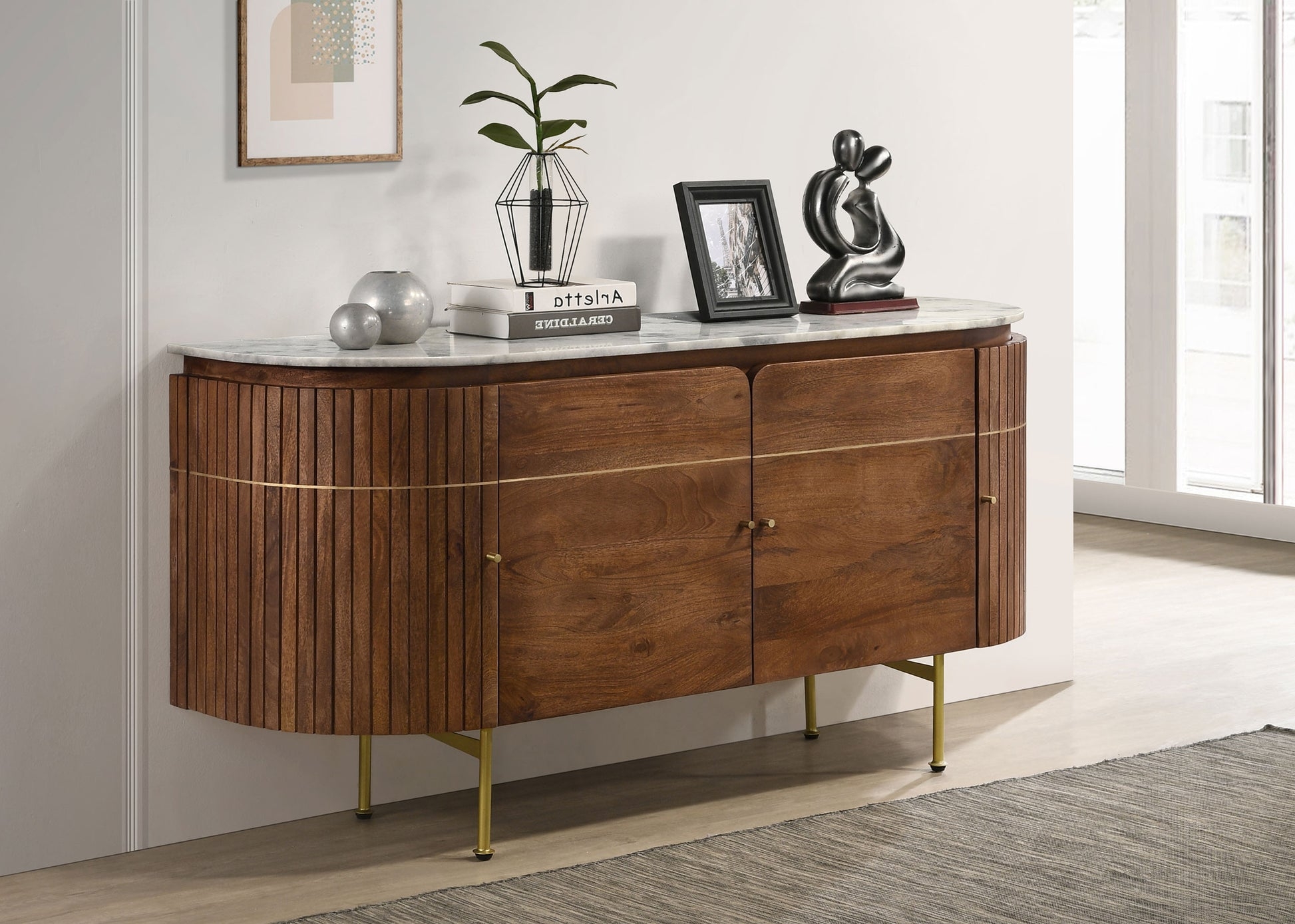 Sideboard Buffet Fluted Wood Sideboard with Curved Ends