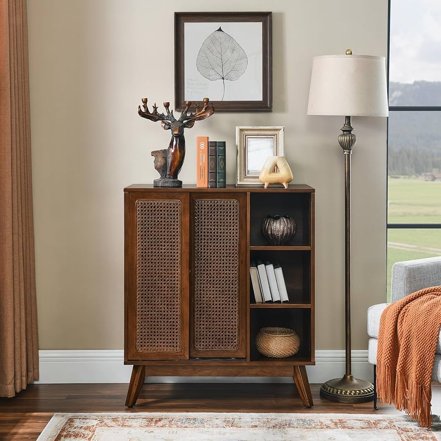 Sideboard Cabinet with Rattan Cane and Asymmetric Shelves