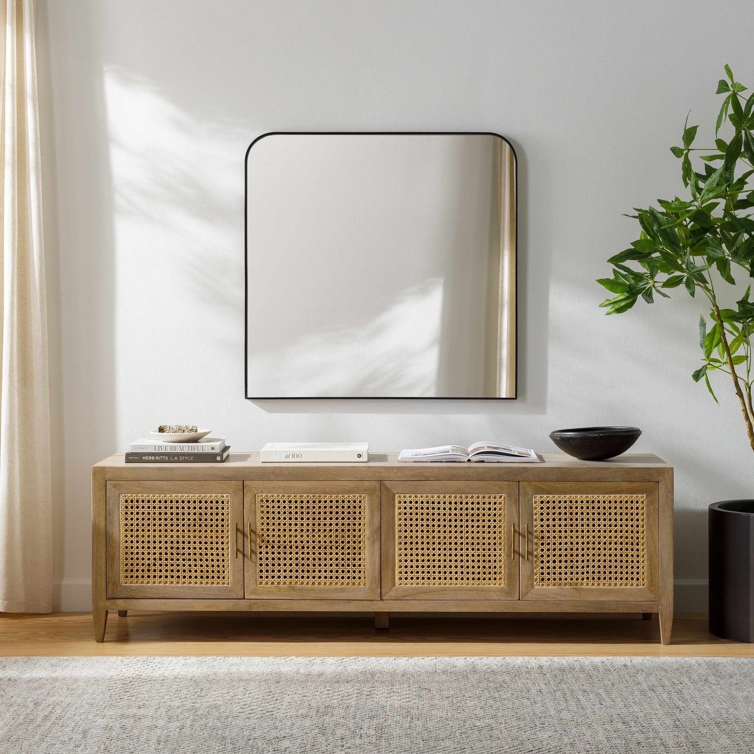 Sideboard Credenza Rattan Webbing Panels Light Wood Finish