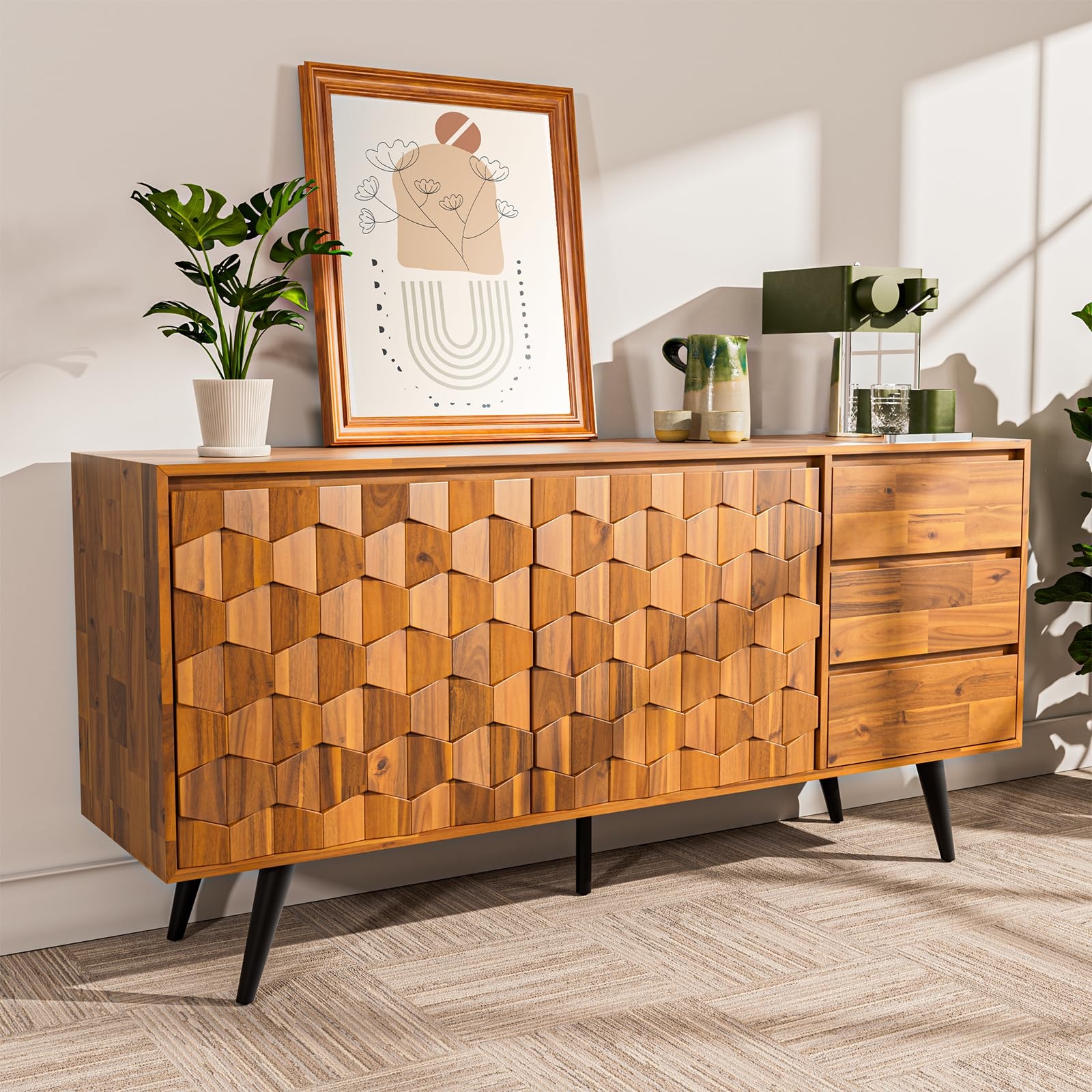 Sideboard Featuring Geometric Wood Textured Door Fronts