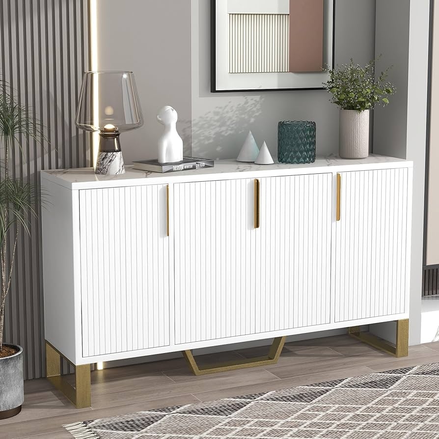 Sideboard White Fluted Sideboard with Geometric Base