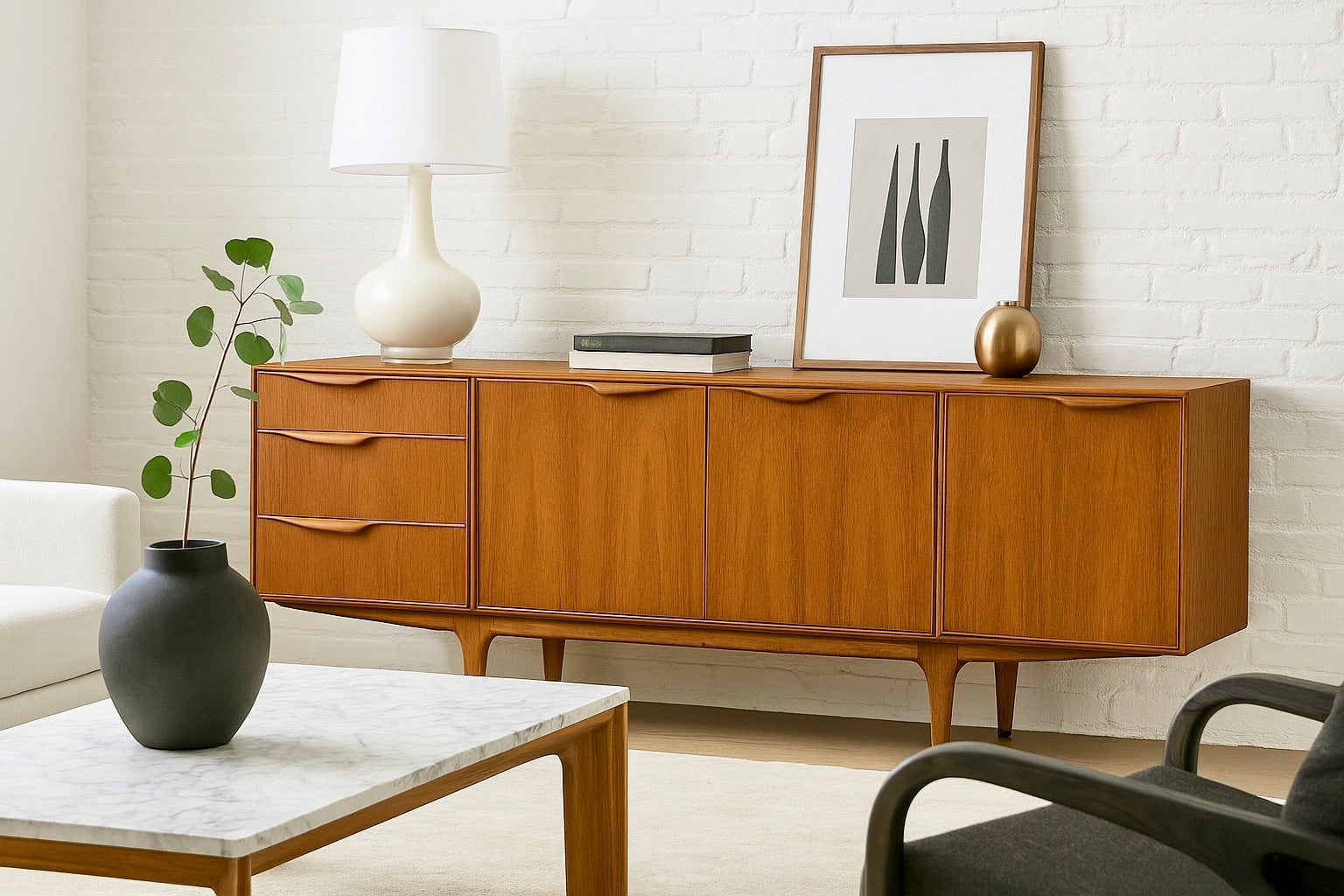 Sideboard with Carved Handles and Sculptural Wood Buffet