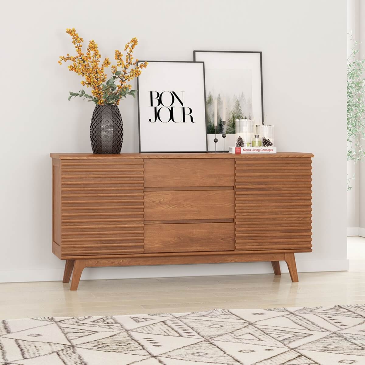 Sideboard with Horizontal Slats and Slatted Wood Door