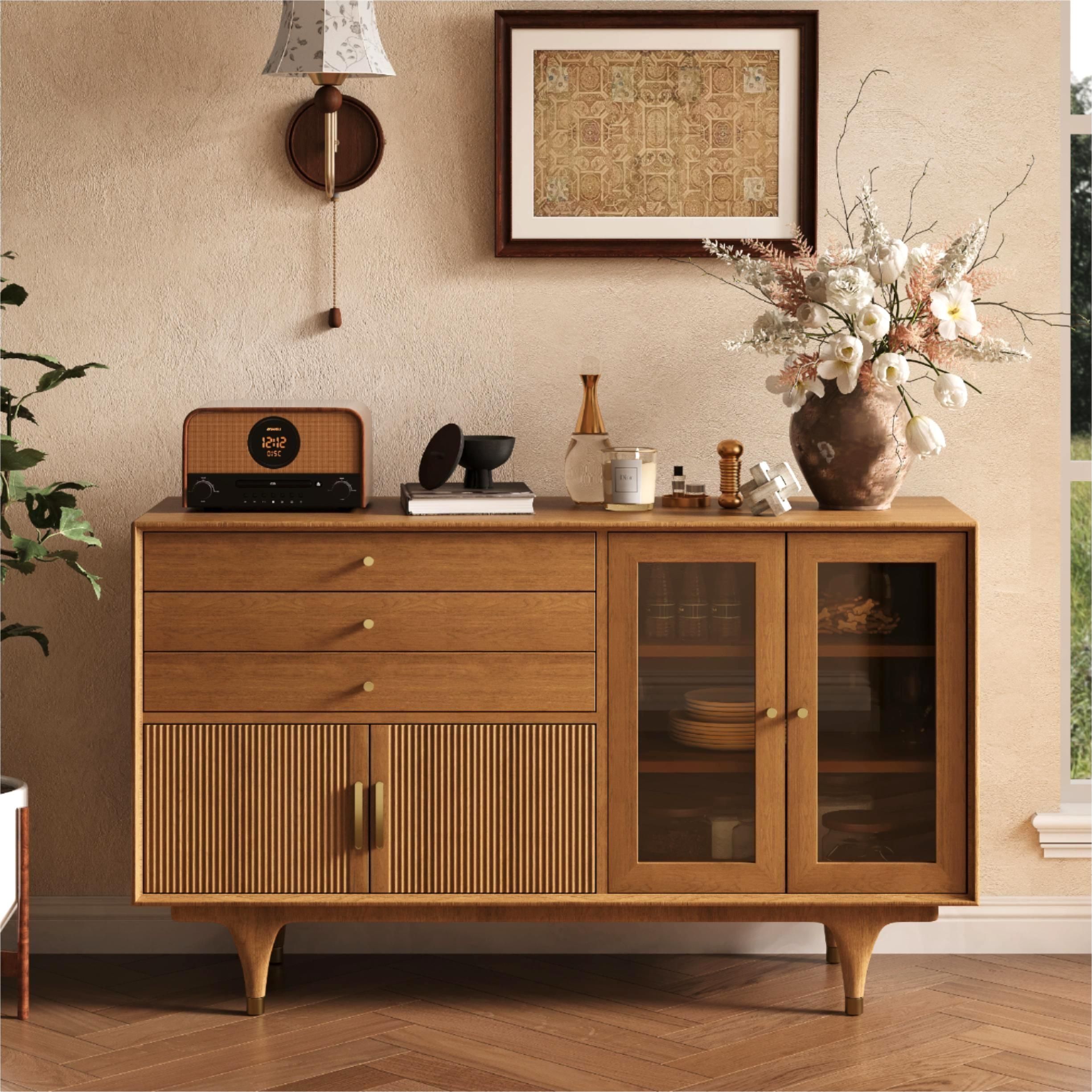 Sideboard with Ribbed Wood Doors and Tawny Glass Buffet