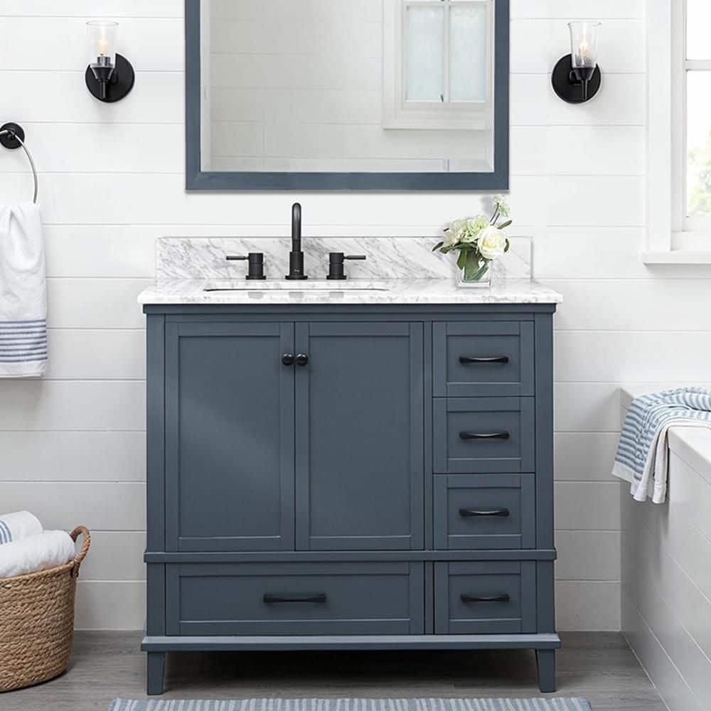 Single Sink Vanity: Dark Blue-Grey with Matte Black Hardware