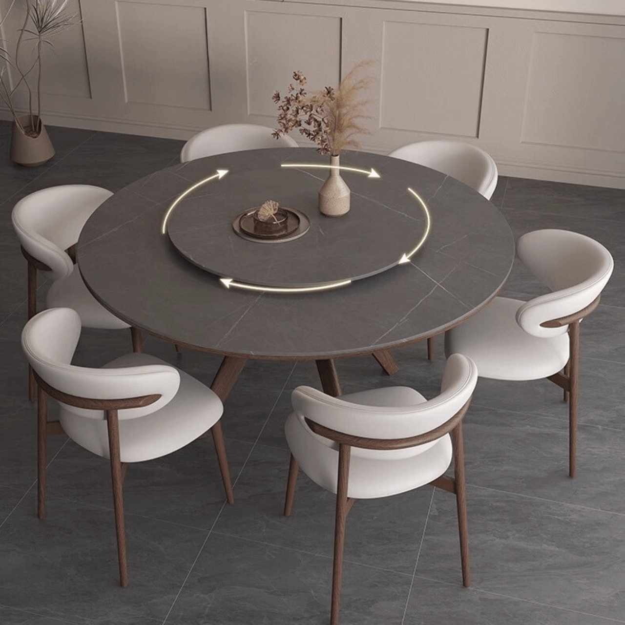 Sintered Stone Round Table with Curved Wrap Chairs and Lazy Susan