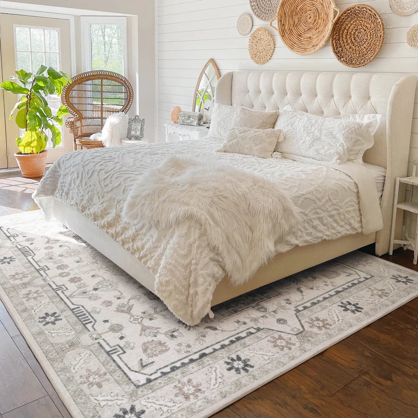 Slate Gray Area Rug: Wingback Headboard & Traditional Motif