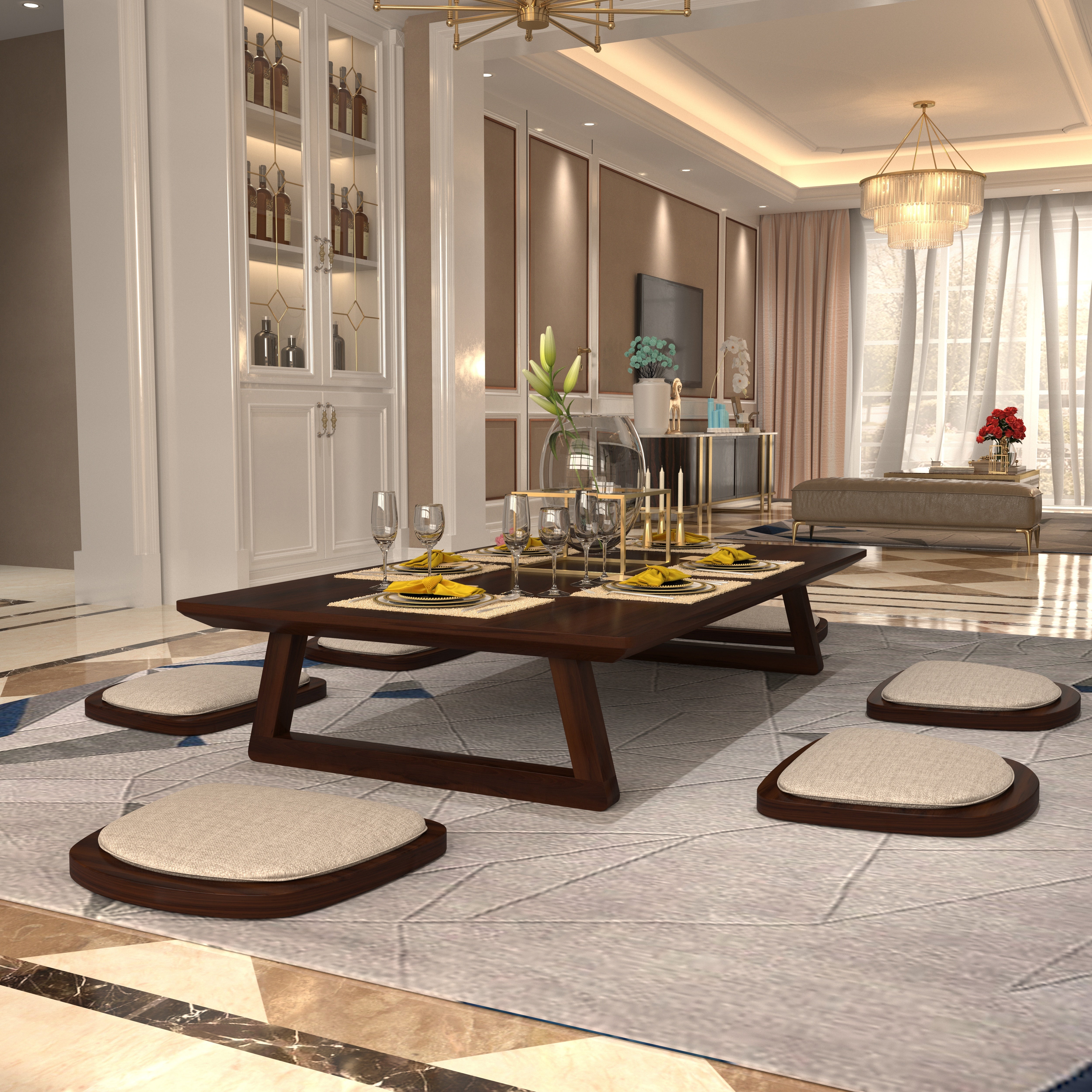 Sled Base Low Height Dining Set with Walnut