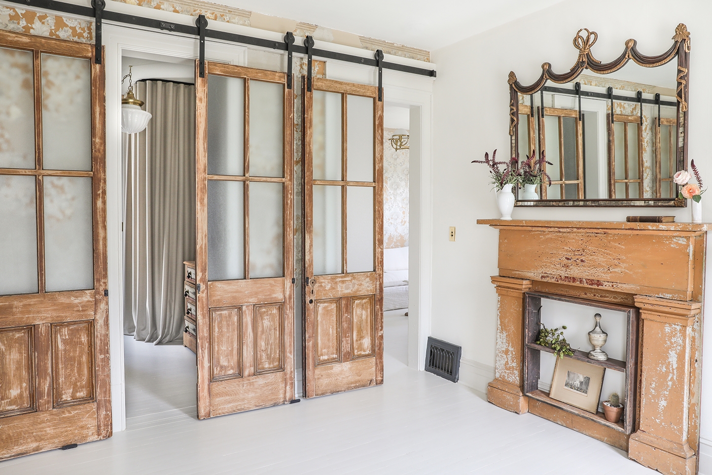 Sliding Door System Salvaged Wood Glass Panes Rustic Barn Doors