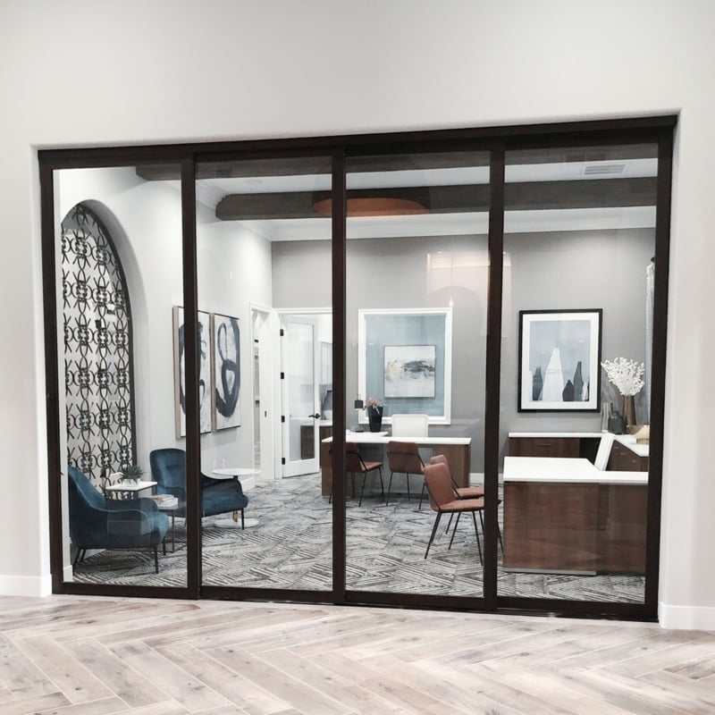 Sliding Room Divider Dark Bronze Frames Modern Executive Glass Wall