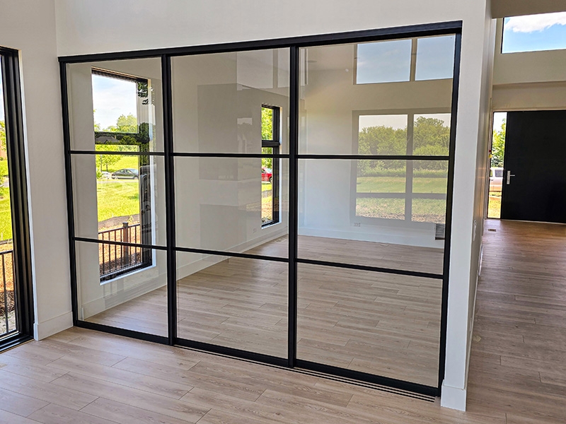 Sliding Room Divider Horizontal Mullions Black Minimalist Glass Wall
