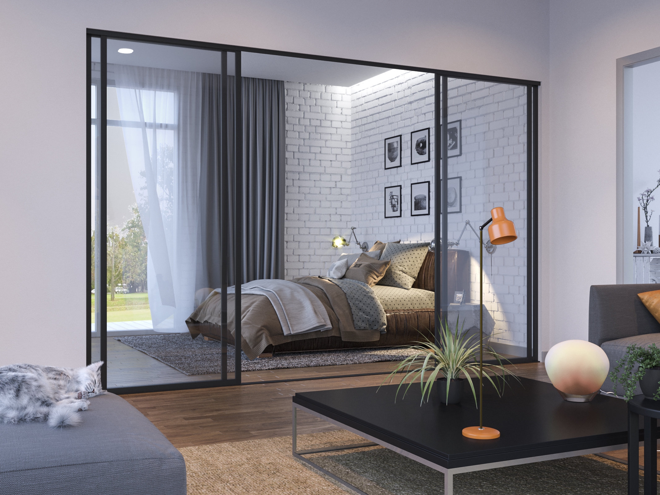 Sliding Room Divider Slim Profile Black Industrial Bedroom Partition