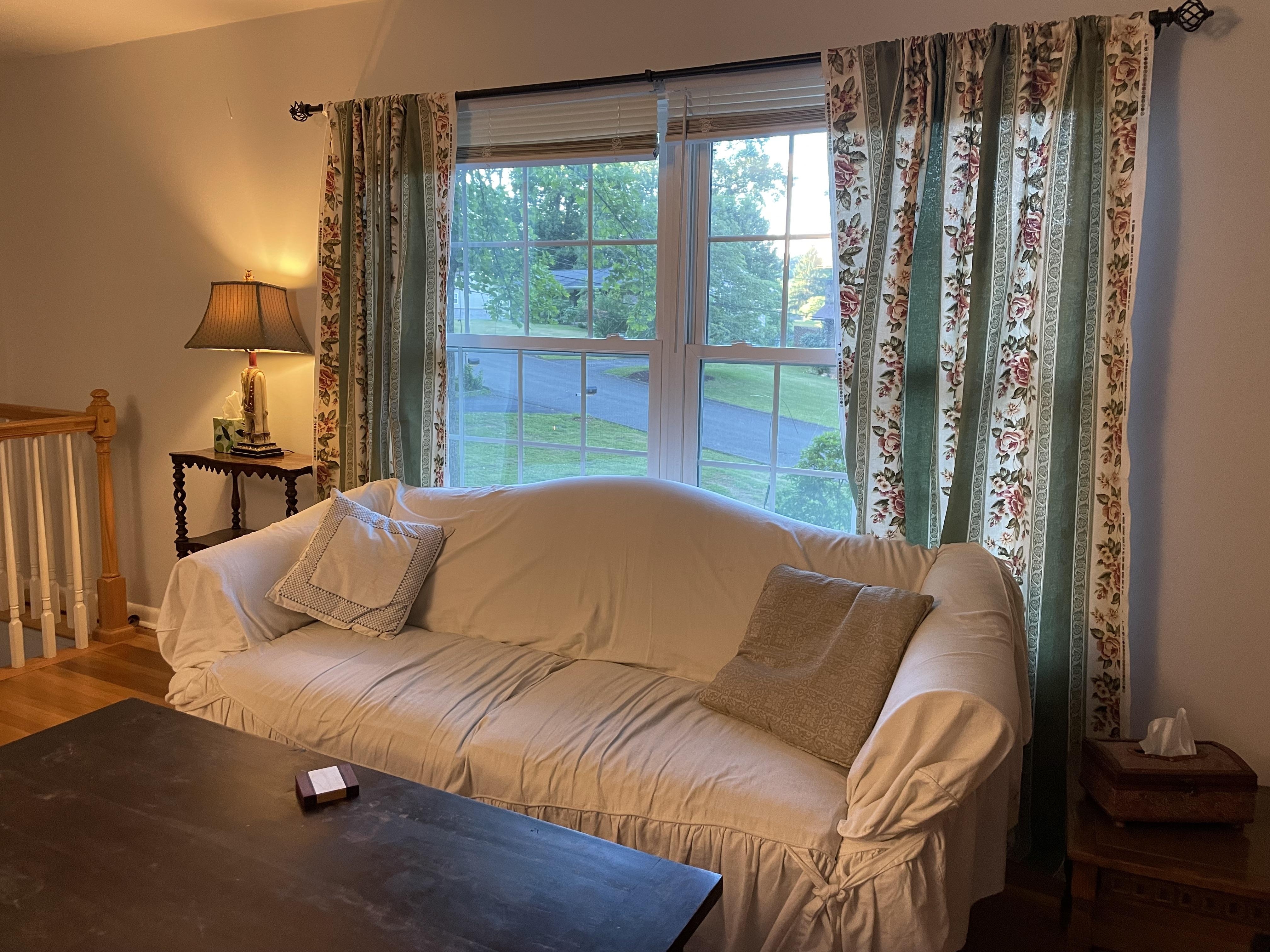 Slipcovered Sofa: Traditional Cottage Floral Striped Curtains