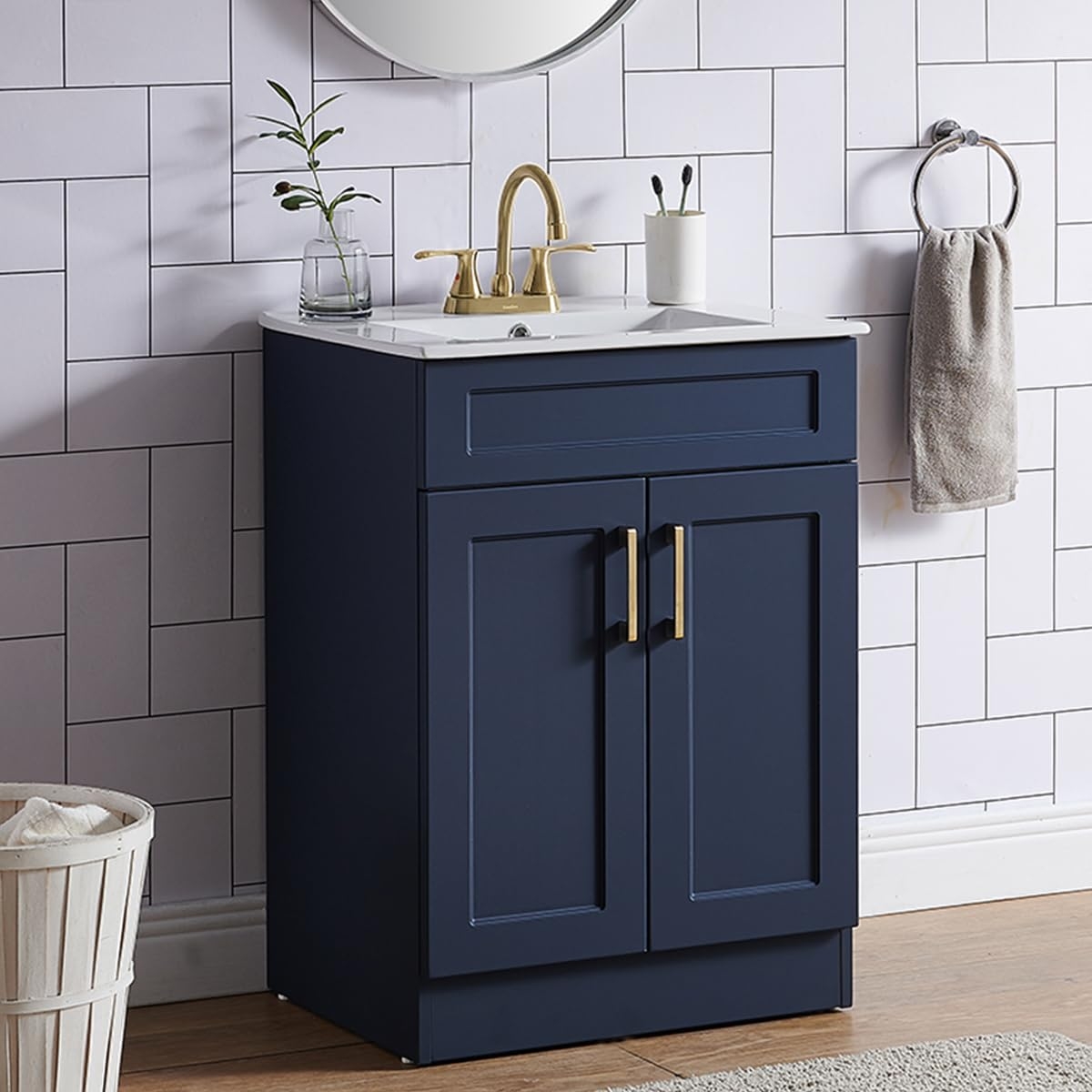Small Bathroom Vanity: 24 Inch with Gold Vertical Handles