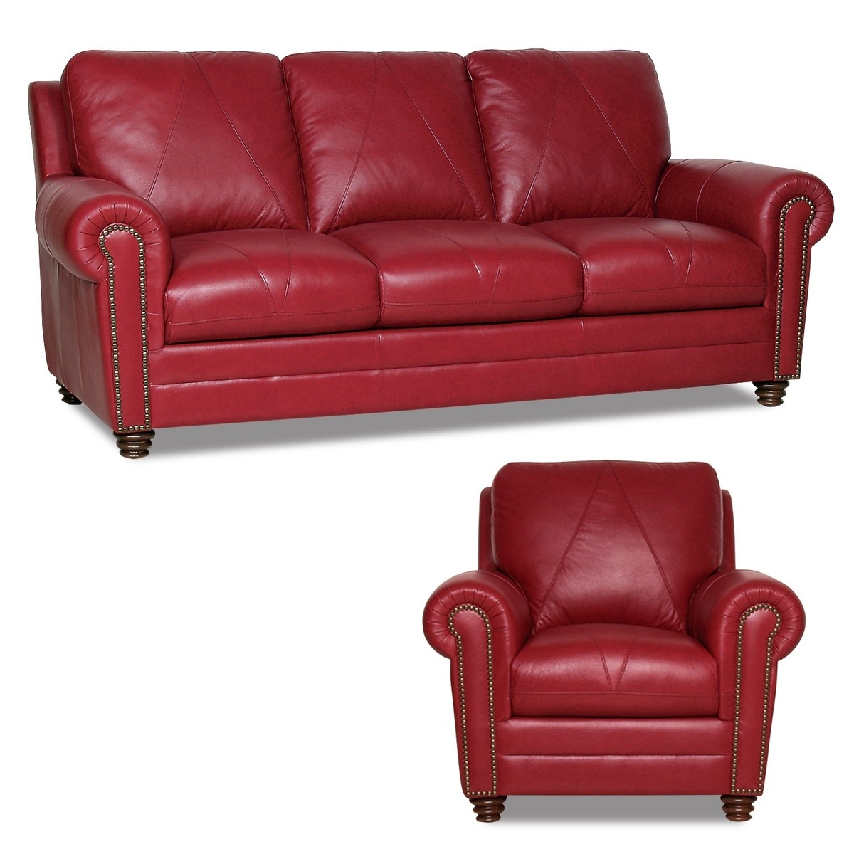 Sofa And Chair Set Cherry Red Classic Club Seating With Nailhead