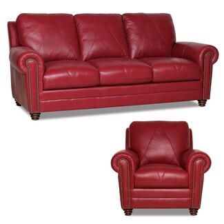 Sofa And Chair Set Cherry Red Classic Club Seating With Nailhead