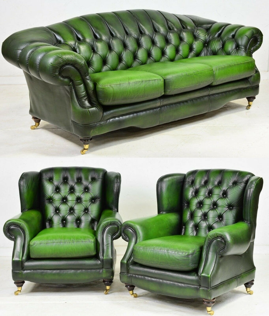 Sofa and Chair Set in green curved camelback leather