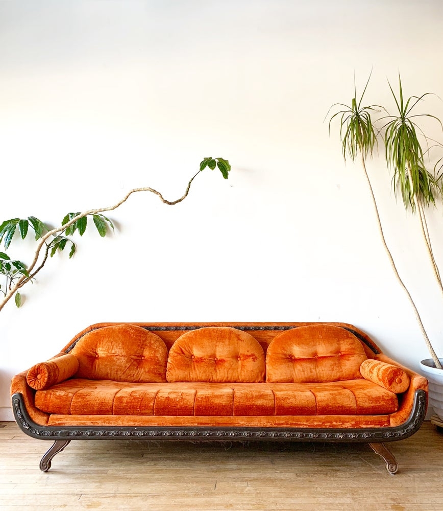 Sofa: Arched Back Cushions Vintage Orange Velvet Sofa